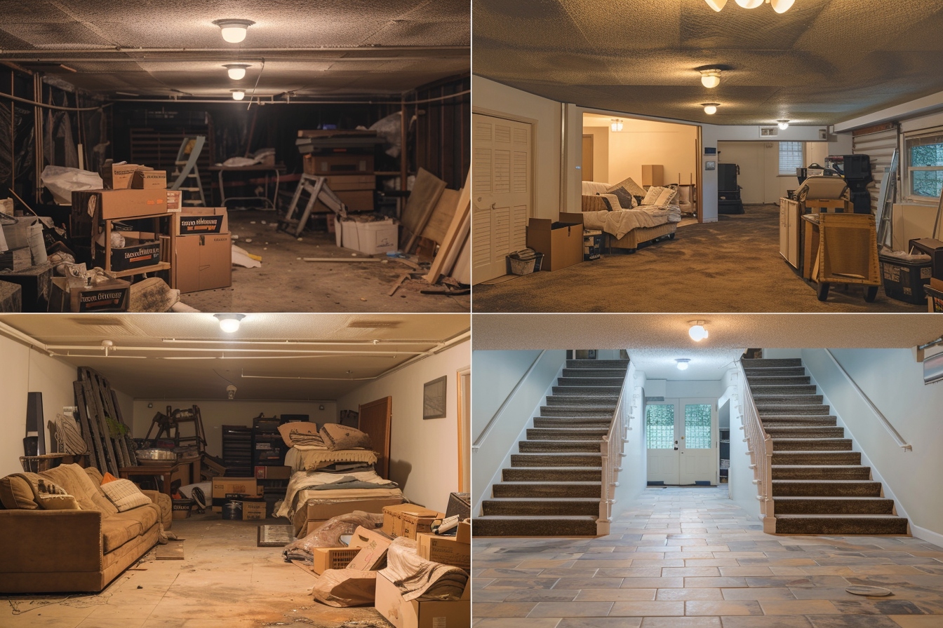 Alt d'image: "Professionnels effectuant le débarras de cave à Lorient, transformant un sous-sol encombré en un espace organisé.