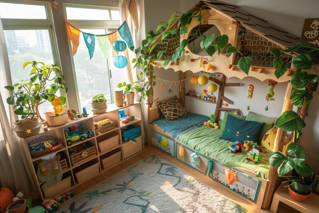 Chambre d'enfant décorée avec des matériaux recyclés, créant un espace enchanté et éco-responsable